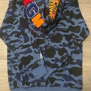 Bape Blue & Black Camo Hoodie with Multi-Color Logo